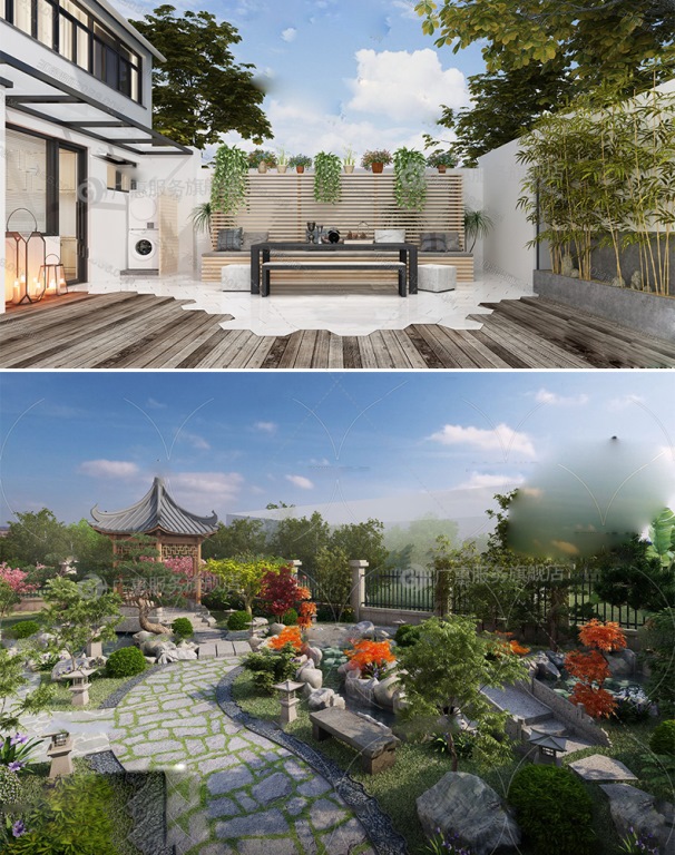B317 花园庭院阳台天台园林中式植物露台民宿别墅小院景观3D模型-第2张图片