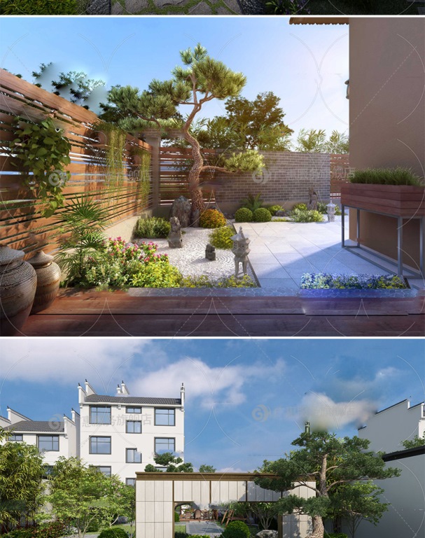 B317 花园庭院阳台天台园林中式植物露台民宿别墅小院景观3D模型-第3张图片