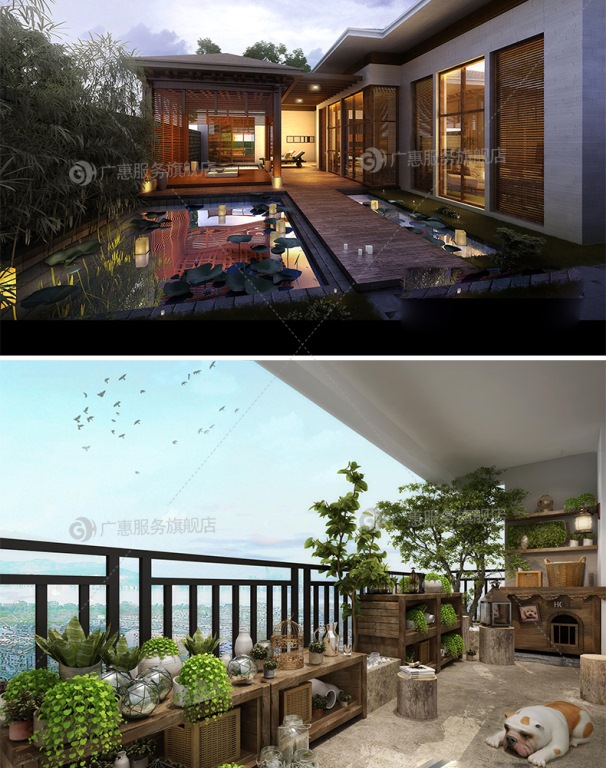 B317 花园庭院阳台天台园林中式植物露台民宿别墅小院景观3D模型-第5张图片