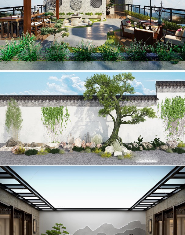 B317 花园庭院阳台天台园林中式植物露台民宿别墅小院景观3D模型-第7张图片