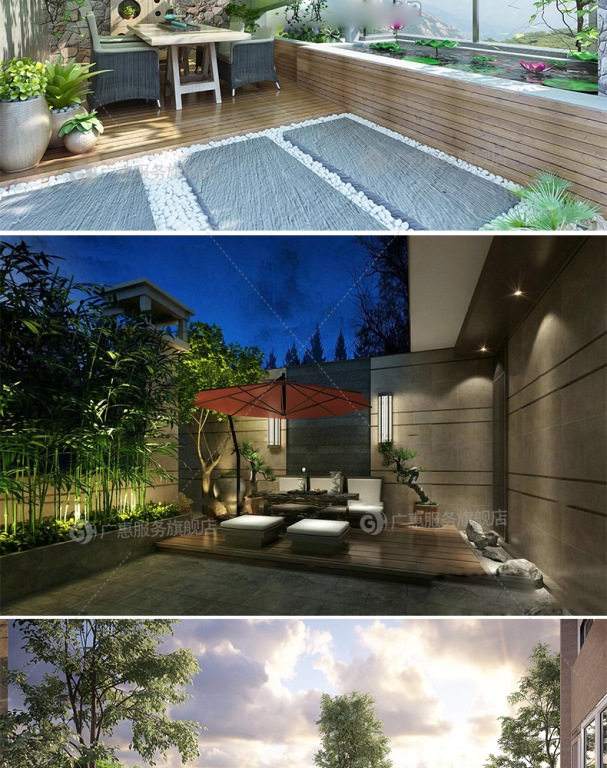 B317 花园庭院阳台天台园林中式植物露台民宿别墅小院景观3D模型-第9张图片