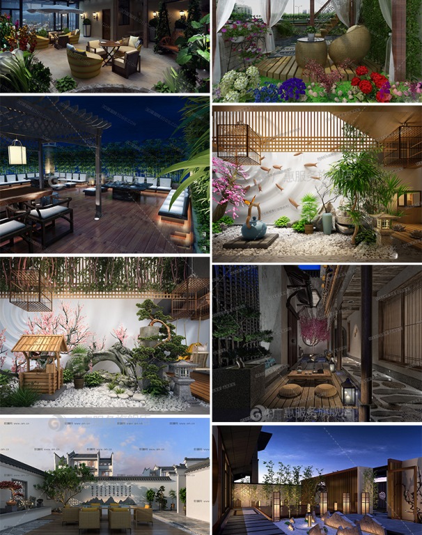 B317 花园庭院阳台天台园林中式植物露台民宿别墅小院景观3D模型-第12张图片
