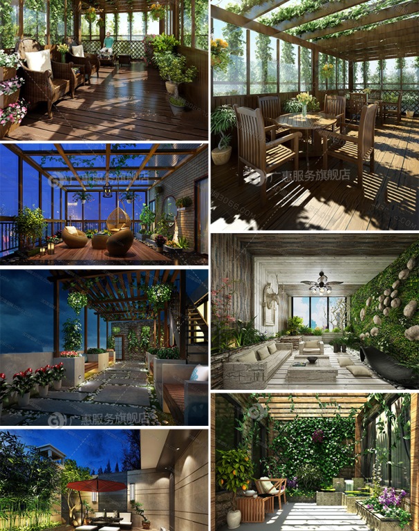 B317 花园庭院阳台天台园林中式植物露台民宿别墅小院景观3D模型-第16张图片